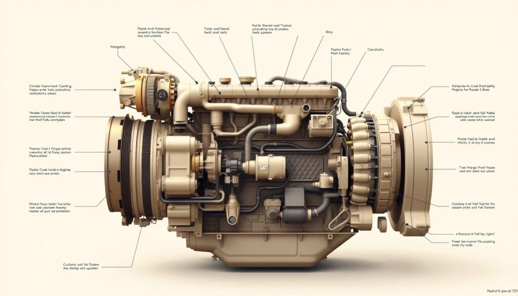 Cutaway diagram of Caterpillar C15 diesel engine showing internal components and airflow systems