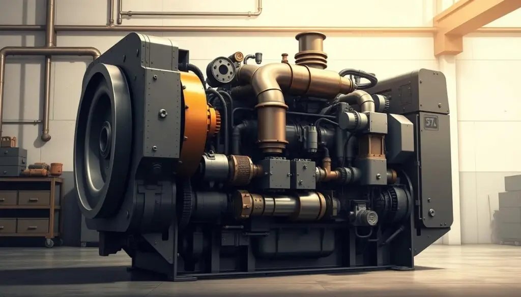 Detroit DD15 engine cutaway showing major components including turbocharger, EGR system, and fuel injection system