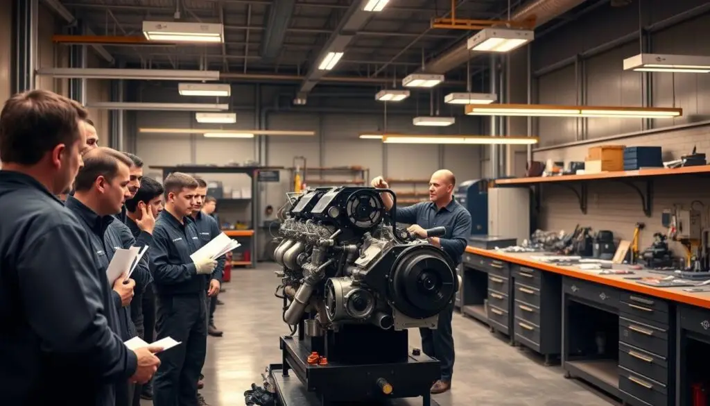 Diesel technician working on Detroit engine during certification training session