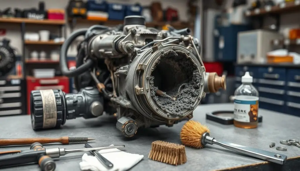 Technician cleaning carbon deposits from diesel EGR valve using proper tools and techniques