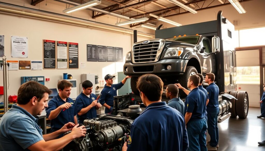 Student technician working on diesel engine during vocational training program