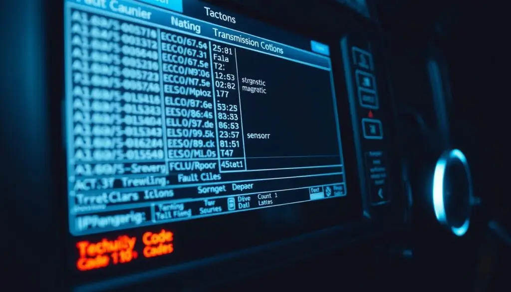 Diesel technician analyzing electronic control module diagnostic codes on professional scan tool for transmission troubleshooting