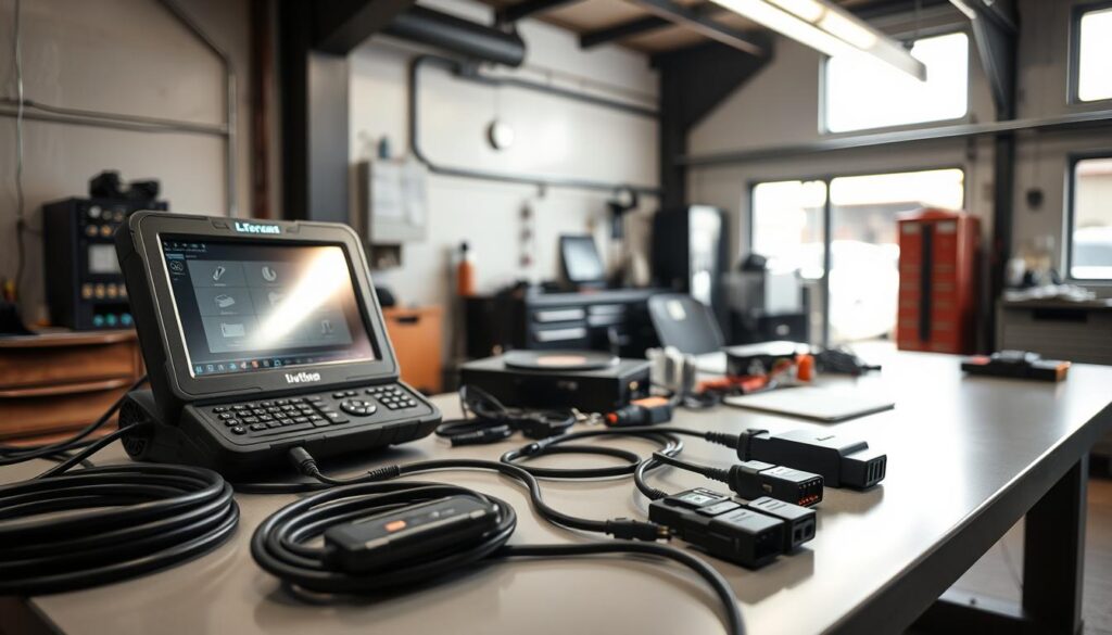ECM programming setup with laptop connected to commercial vehicle diagnostic port
