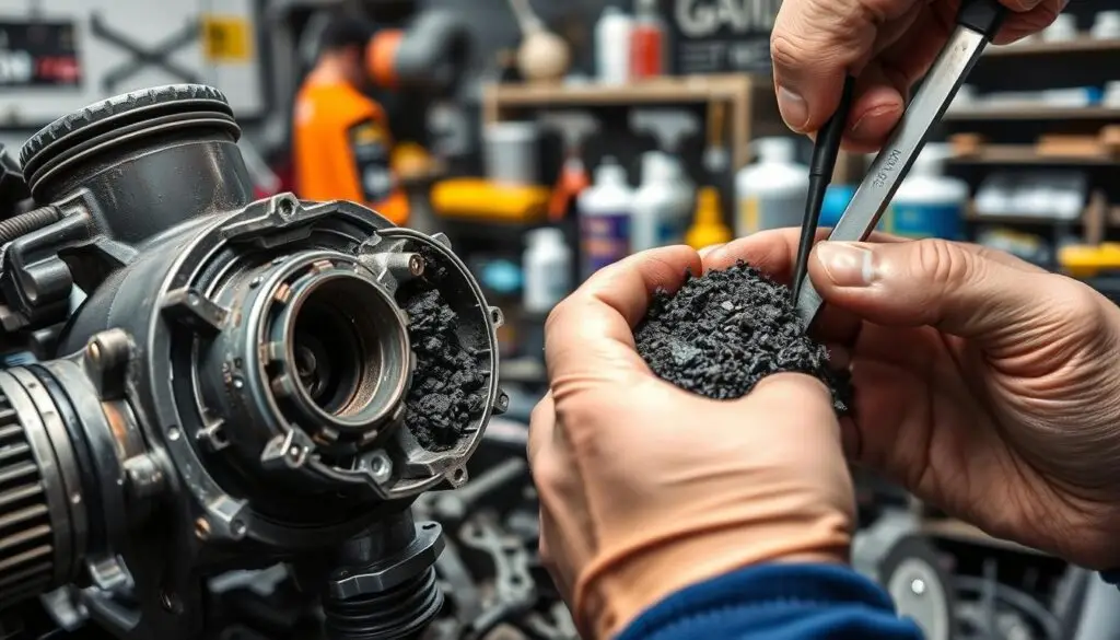 Before and after comparison showing carbon removal from diesel EGR valve during professional cleaning