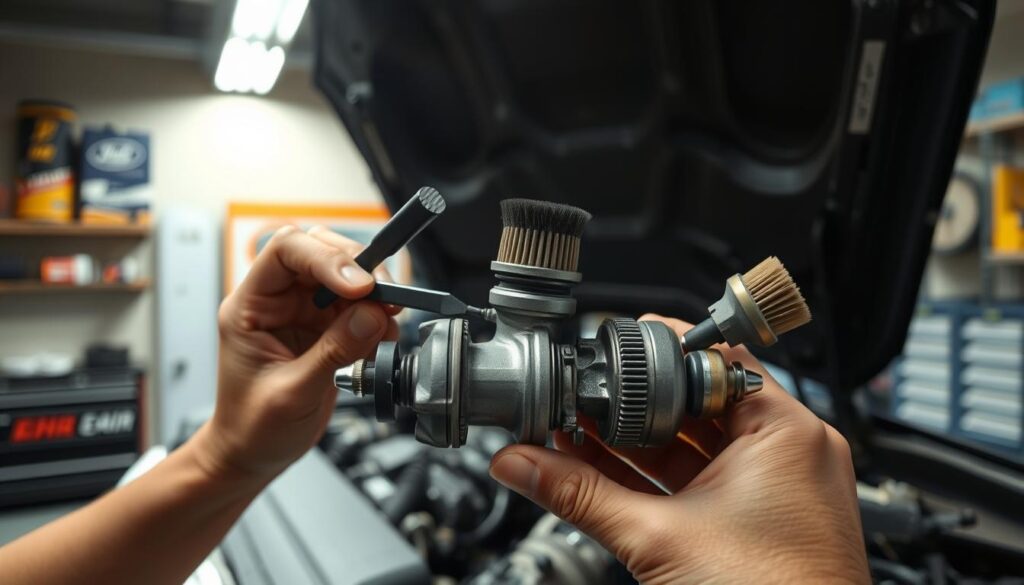 Diesel technician performing EGR valve cleaning with carbon removal tools