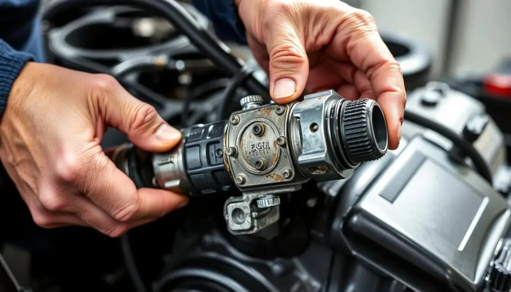 Technician performing visual inspection of diesel EGR valve with diagnostic tools