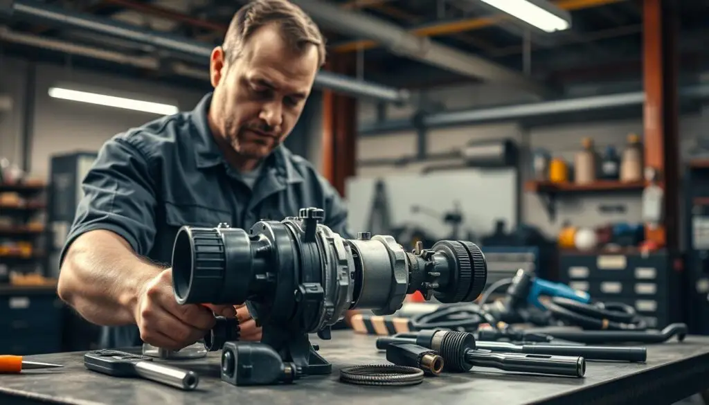 Technician using diagnostic equipment to test EGR valve function on heavy-duty diesel engine