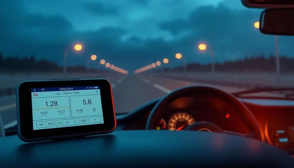 Commercial driver reviewing electronic logging device display showing hours of service status