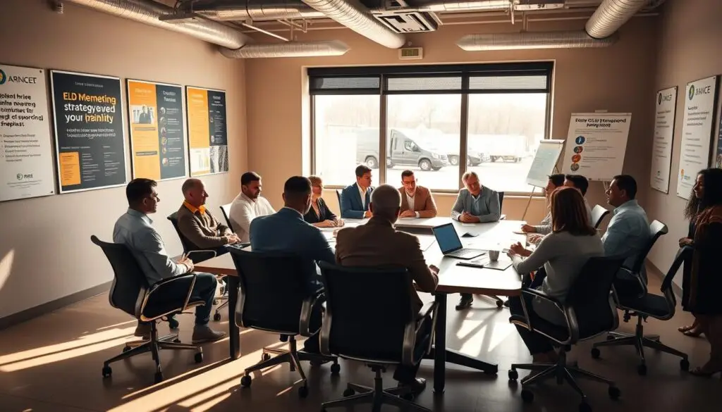 Training session showing drivers learning ELD system operation and compliance procedures