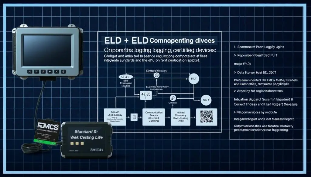 Dashboard display showing ELD technical specifications including engine synchronization and data recording features