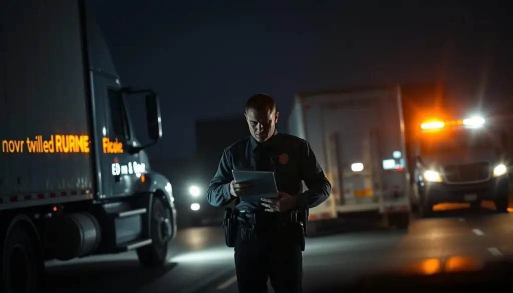 Enforcement officer conducting roadside inspection showing violation documentation and penalty assessment