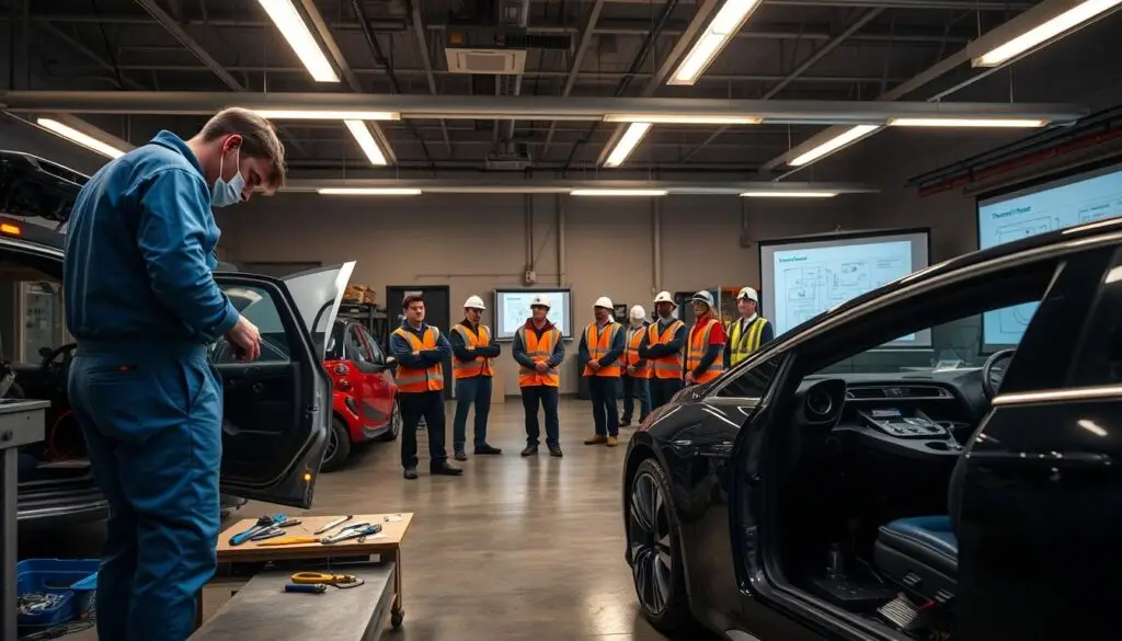 EV technician certification program classroom with hands-on battery diagnostic equipment