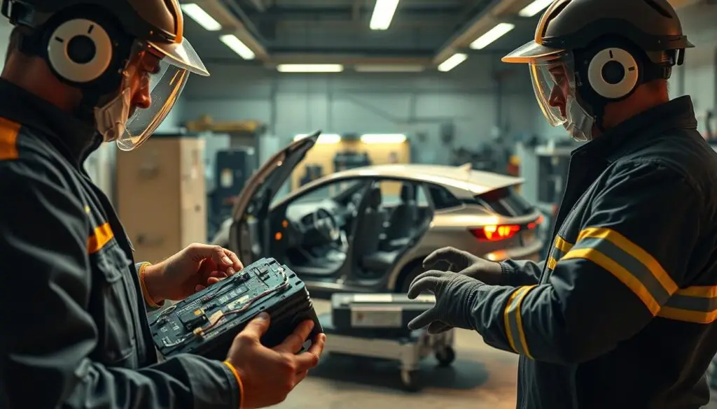 Diesel technician practicing high-voltage disconnect procedures on electric vehicle training unit