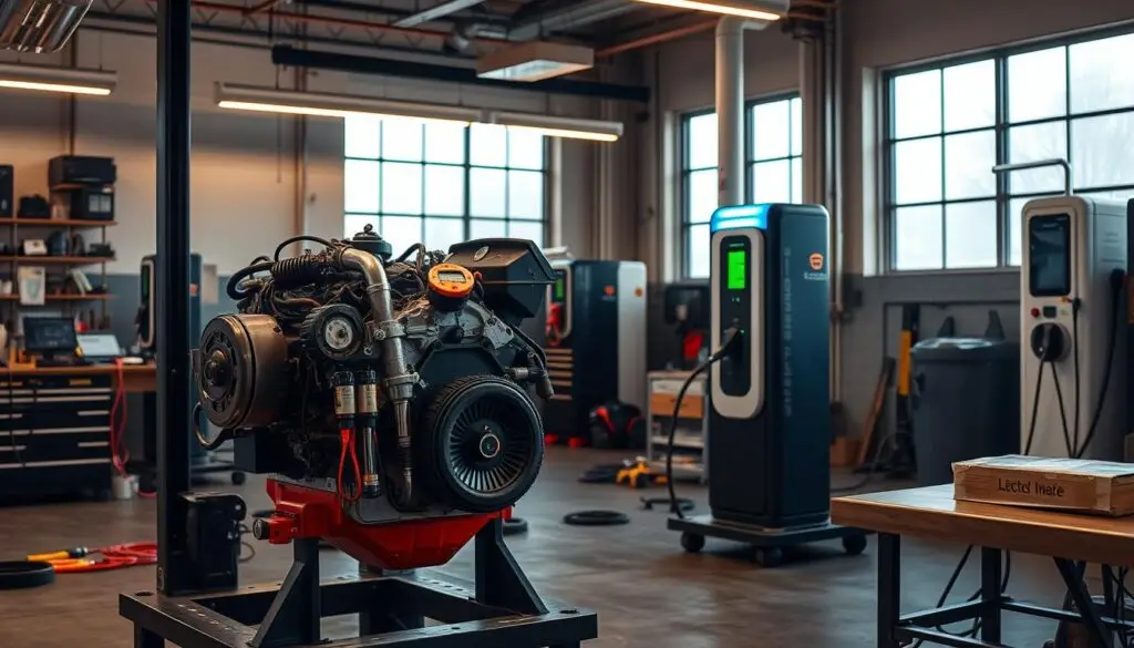 Side-by-side comparison of diesel engine and electric vehicle drivetrain training equipment