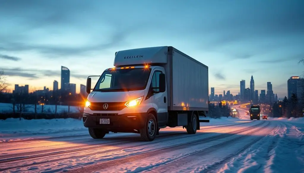 Chart displaying electric truck range degradation curve showing accelerated losses below 20 degrees Fahrenheit