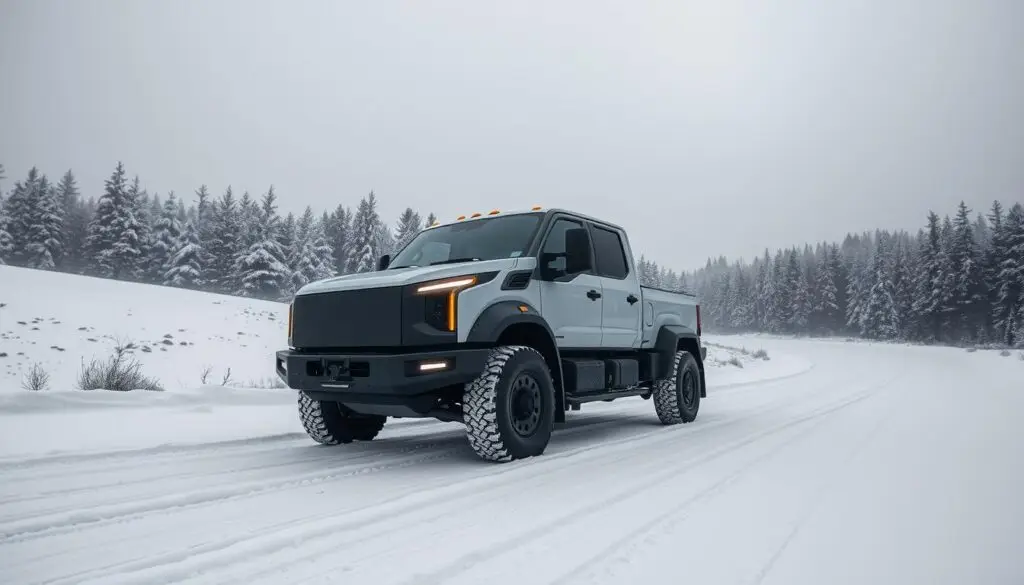 Electric delivery truck connected to charging station in snow-covered depot during early morning pre-conditioning