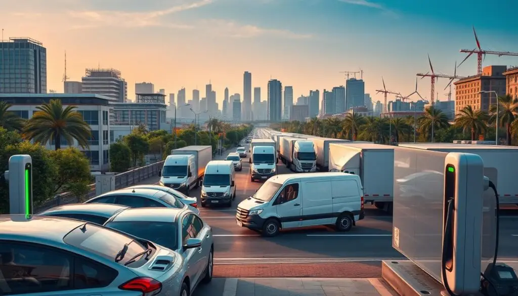 Electric commercial truck connected to charging station with fleet management system monitoring battery status