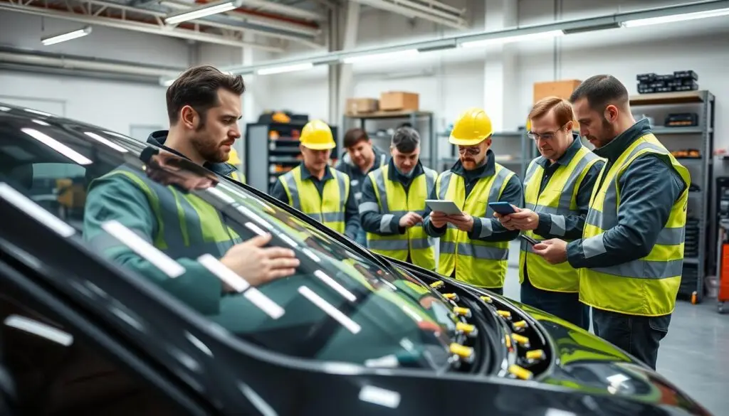 Fleet technicians receiving hands-on electric vehicle safety training in shop environment