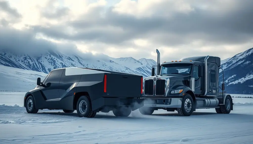 Electric and diesel semi trucks operating side by side in winter snow conditions demonstrating operational differences