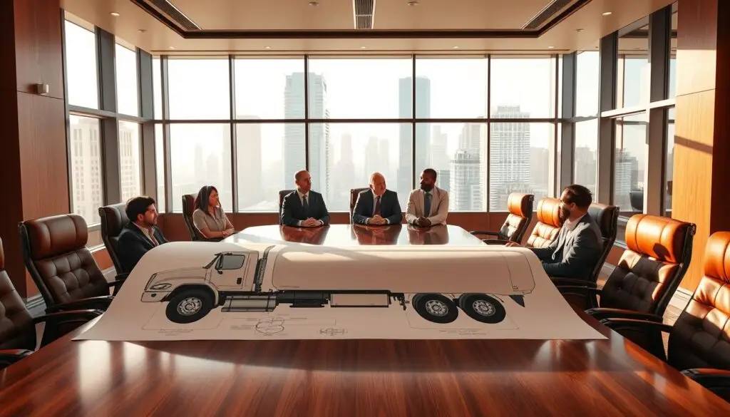 Fleet executive team reviewing electrification roadmap with timeline and infrastructure planning documents