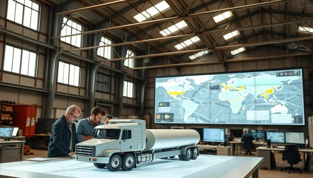 Engineering team analyzing power capacity modeling and charging simulation results for fleet depot planning
