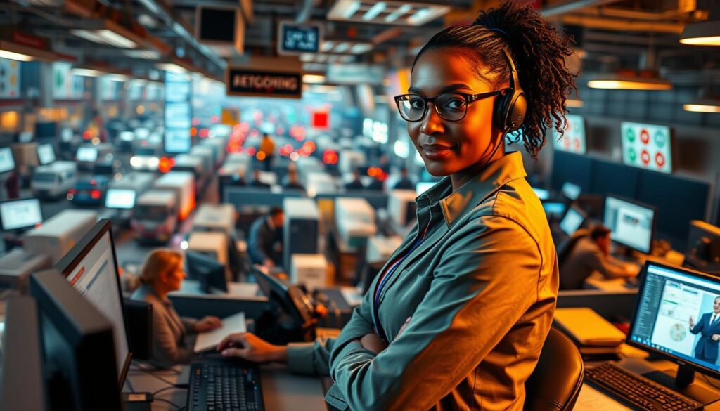 Female fleet dispatcher managing high-pressure operations with professionalism
