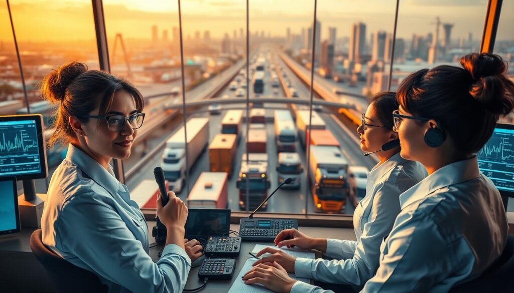 Female fleet dispatcher coordinating operations at transportation command center