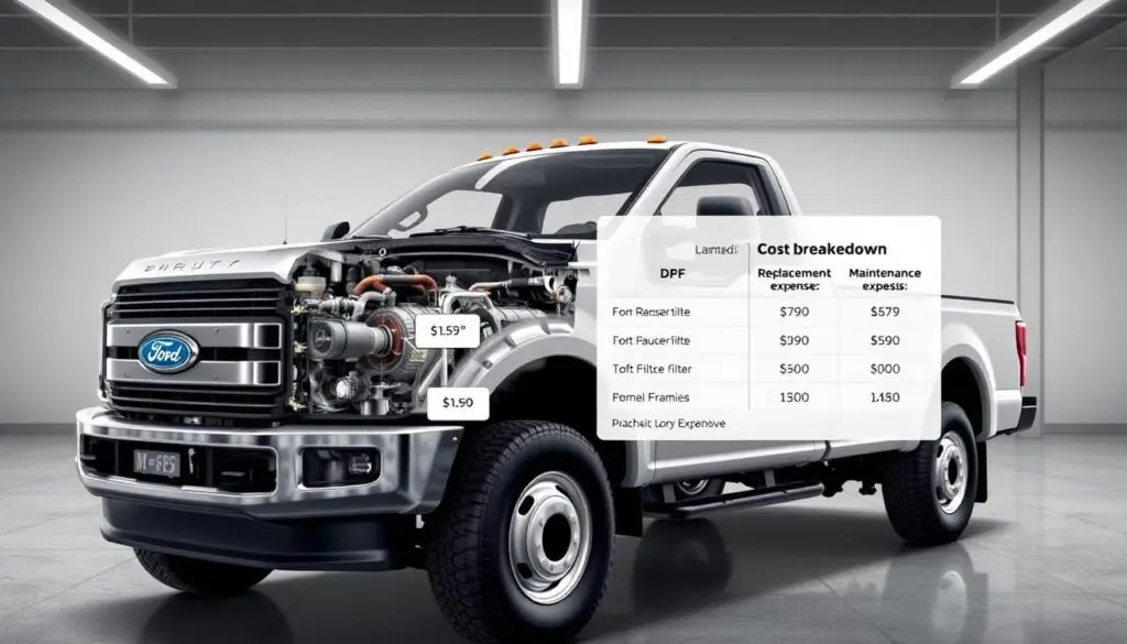 Ford F-250 diesel pickup in service bay during DPF replacement