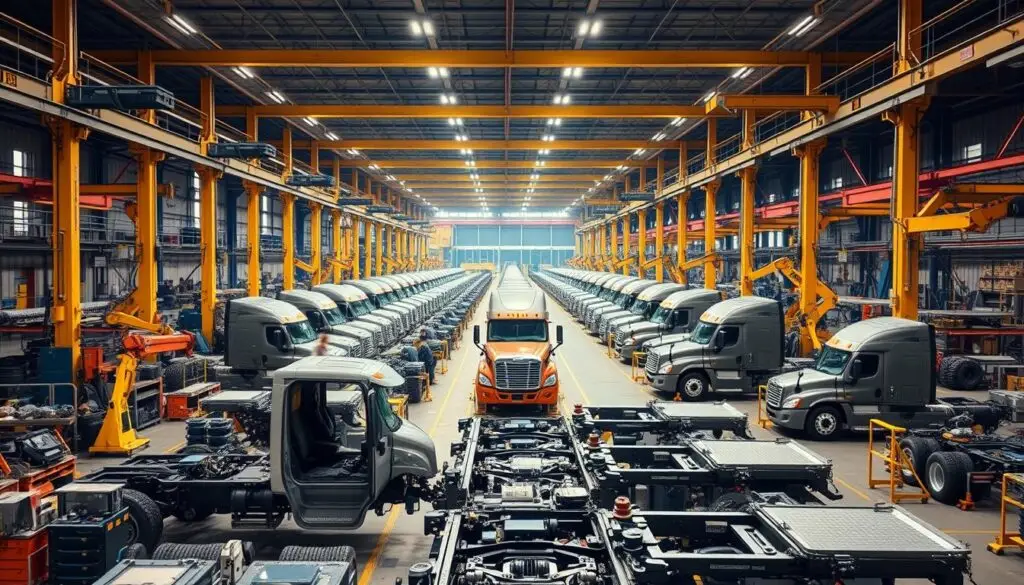 Freightliner Cascadia trucks on assembly line at Cleveland North Carolina manufacturing plant