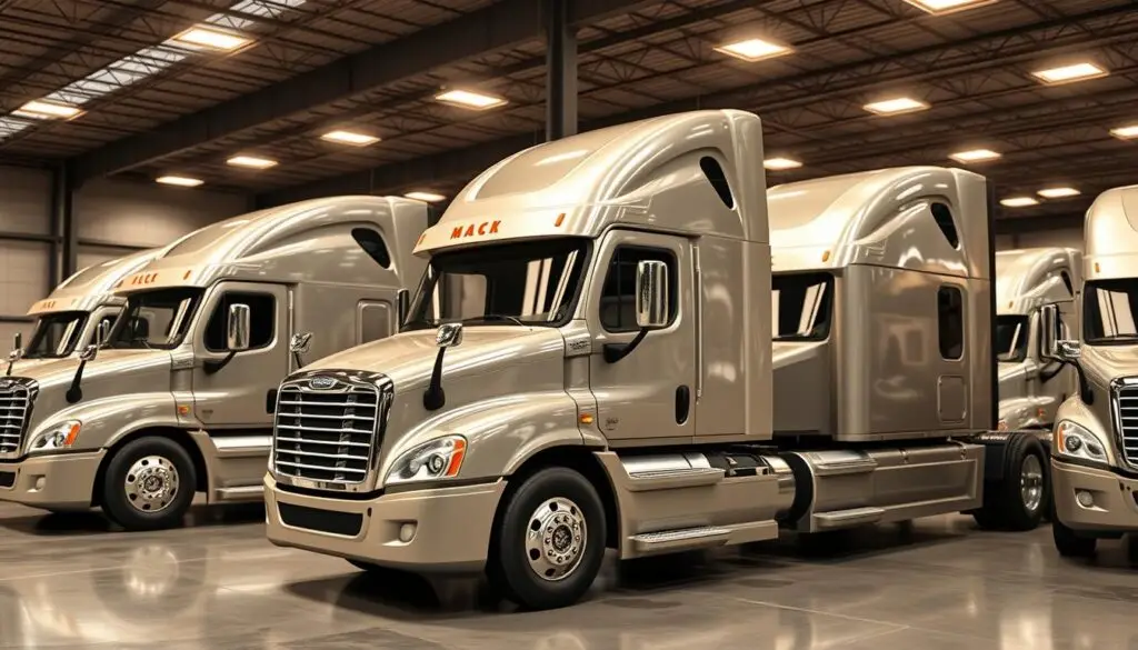 Row of Freightliner Cascadia trucks at a dealership lot