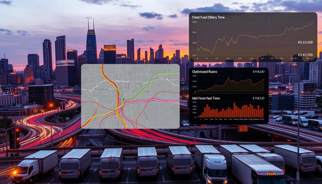 Fleet route optimization map showing fuel-efficient routing and idling reduction zones