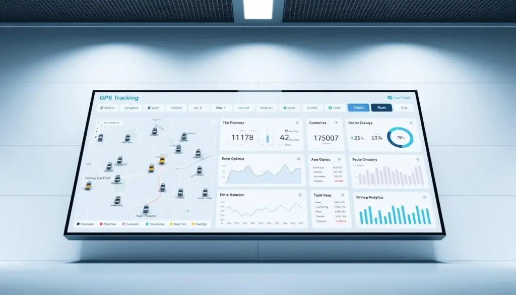 GPS fleet tracking dashboard displaying real-time vehicle locations, driver behavior scores, and safety alerts