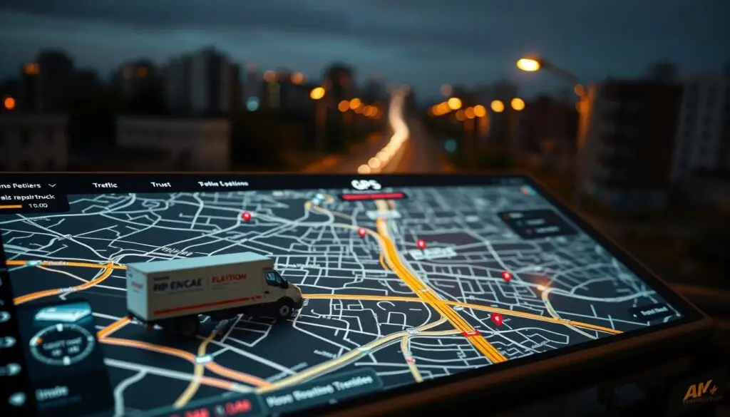 Fleet management dashboard showing real-time GPS tracking of commercial vehicles with breakdown alerts