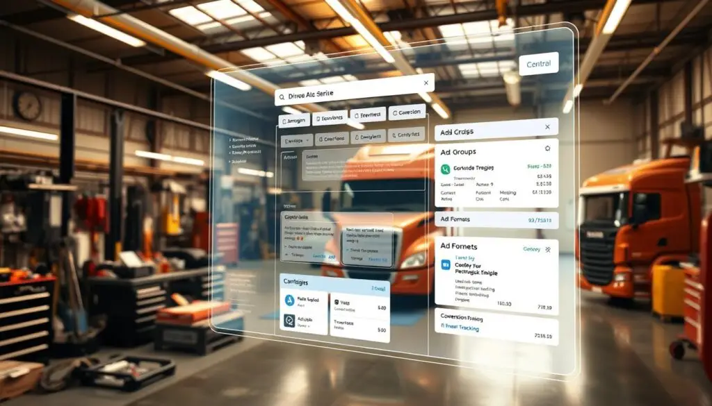 Google Ads dashboard showing mobile truck repair campaign targeting and bid settings