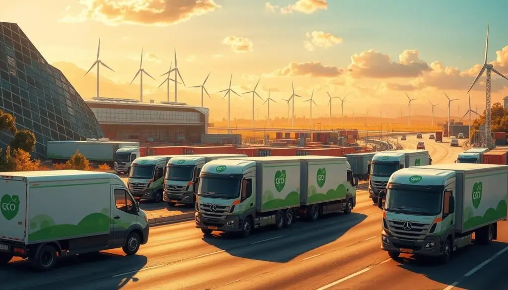 Zero-emission electric trucks charging at modern depot facility with logistics planning overlay