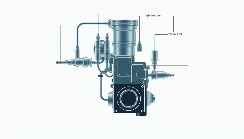 HPCR fuel system components diagram showing high-pressure pump, fuel rail, injectors, and ECM connections