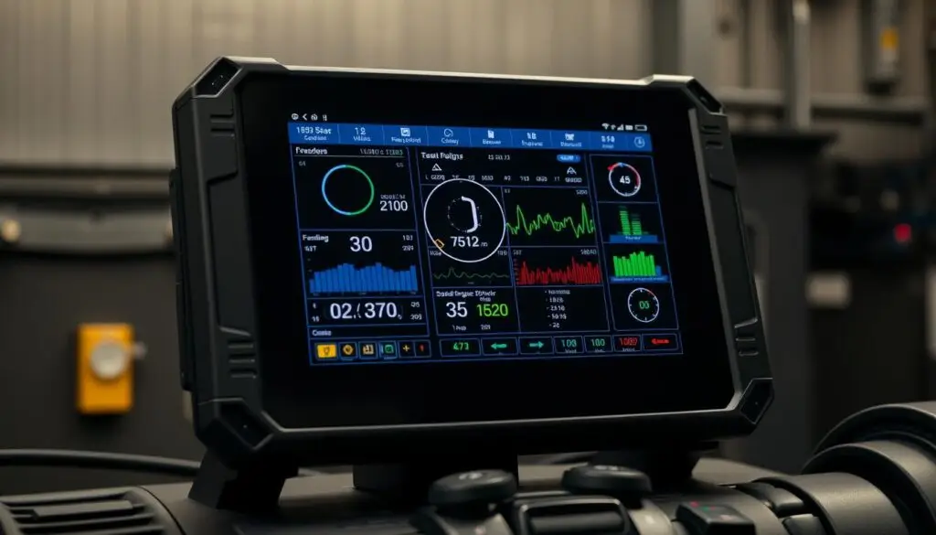 Diesel mechanic reading fault codes on diagnostic scan tool connected to heavy duty truck engine
