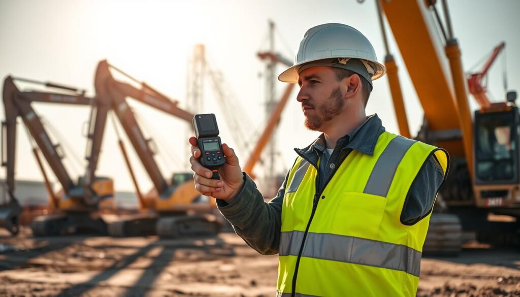 Heavy equipment technician checking WBGT monitor to determine work-rest schedule requirements