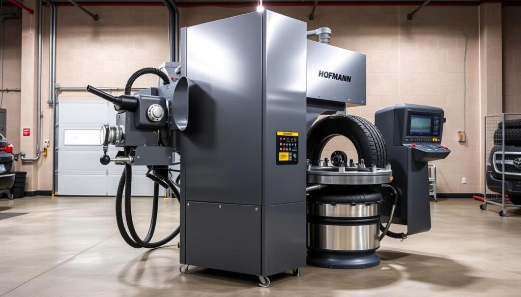 Hofmann Monty 8800 tire changer showing sophisticated control systems and wheel protection features