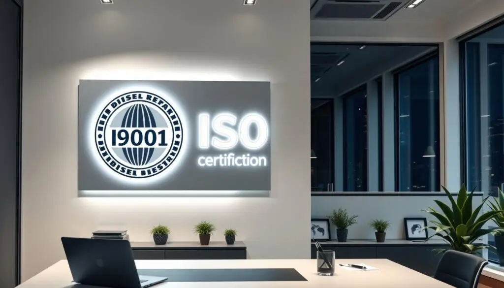 ISO 9001 certification badge and quality management system documentation binder