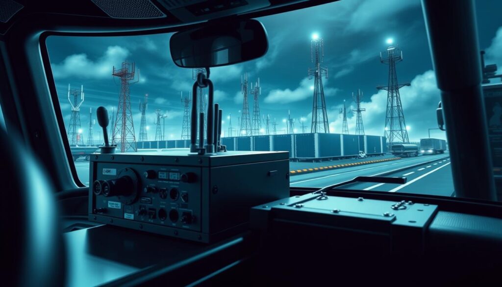 Diagram showing IoT infrastructure components including sensors, gateways, and cloud platform connections for commercial fleet monitoring