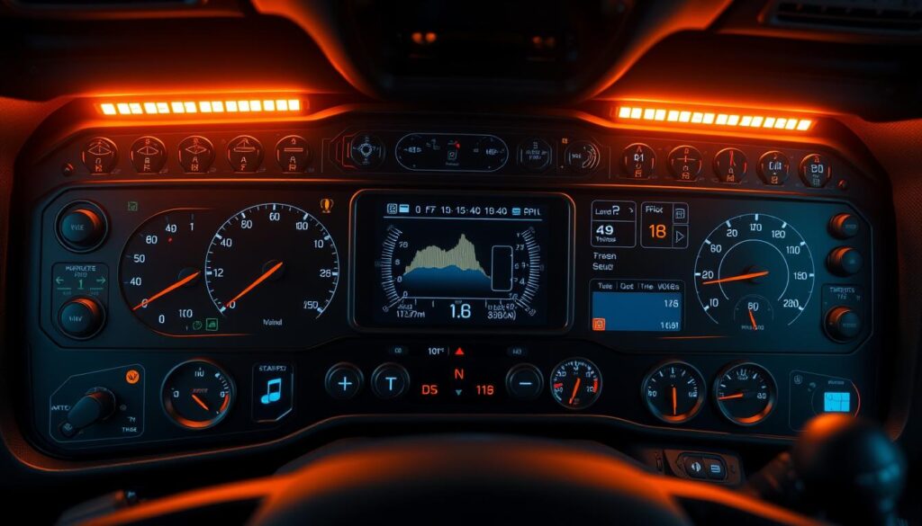 Dashboard interface showing IoT sensor readings for engine temperature, pressure, and diagnostic alerts on heavy-duty truck
