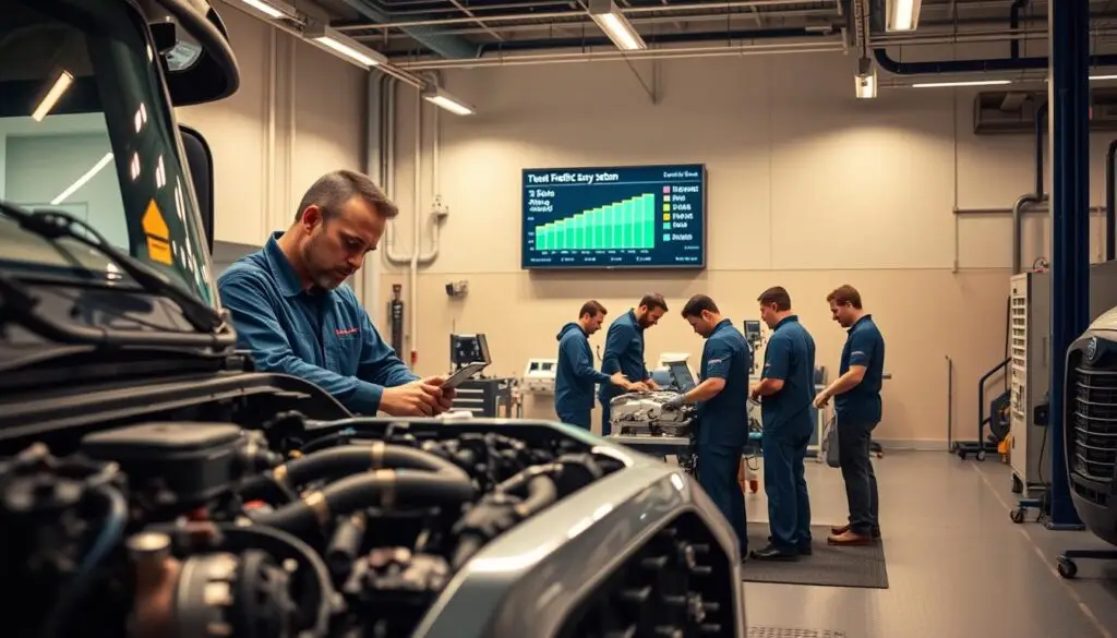 Fleet manager reviewing telematics data showing fuel savings from aerodynamic retrofit installations