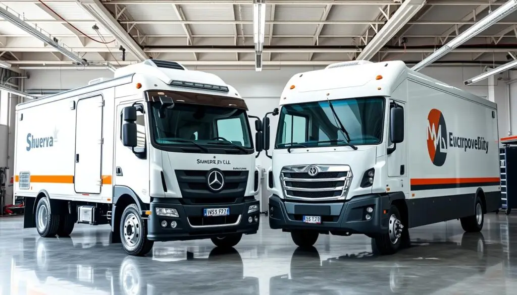 Three different service truck configurations showing Knapheide enclosed body, Stellar crane truck, and Reading utility body side by side