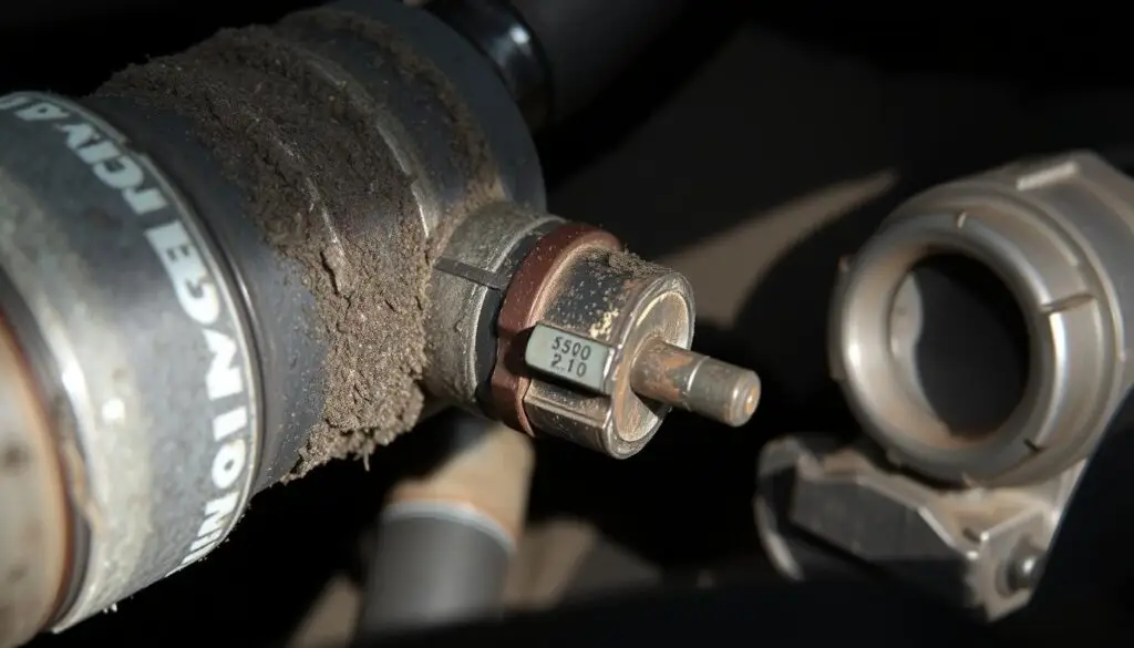 Close-up of contaminated NOx sensor showing soot buildup and corroded electrical connections