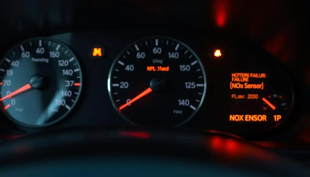 Dashboard warning lights indicating NOx sensor malfunction in heavy-duty diesel truck