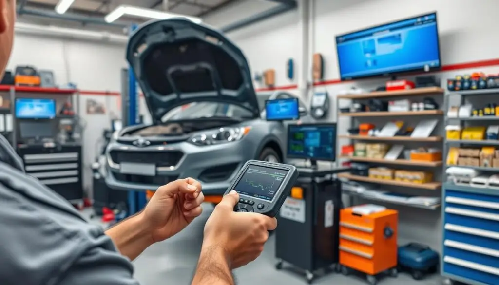 Technician using scan tool to monitor NOx sensor live data readings on diesel truck