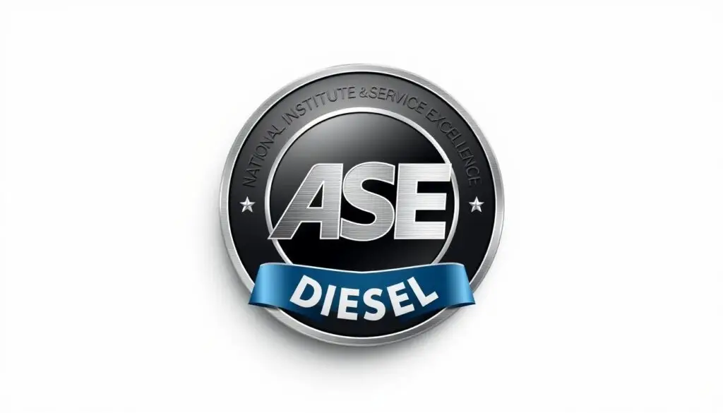 Diesel technician displaying ASE certification credentials in commercial truck repair shop
