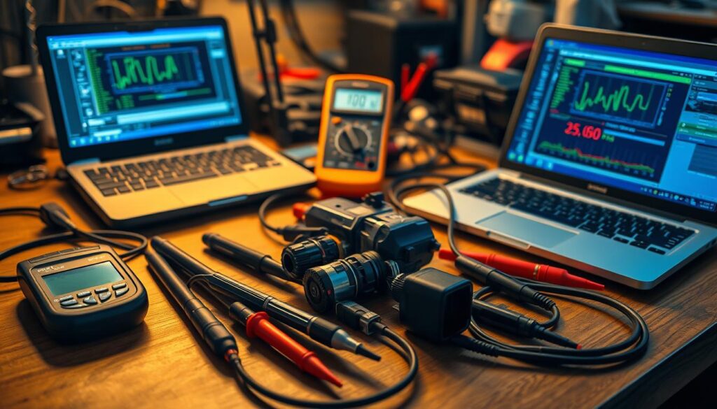 Technician using OBD-II scanner for EGR valve diagnosis on commercial truck
