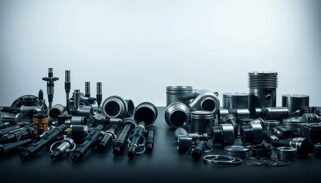 Diesel technician comparing OEM and aftermarket fuel injectors at workbench